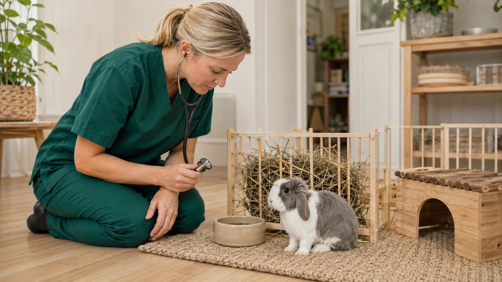 Liten kanin vid hörännet i hemmet medan veterinär lyssnar med stetoskop under hembesök