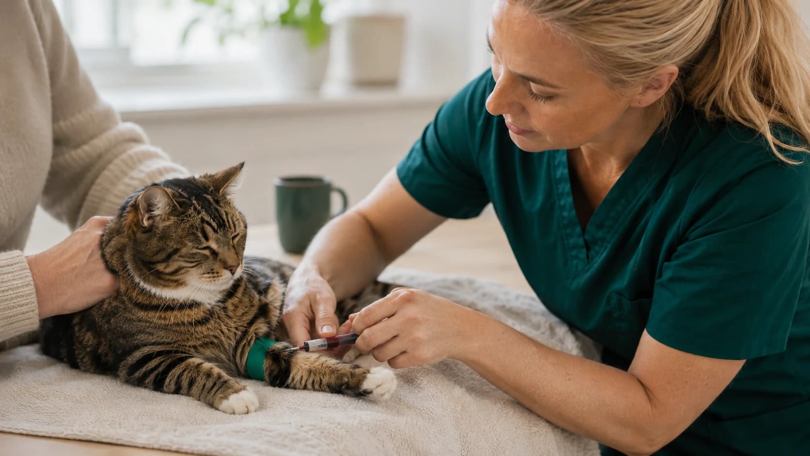 Veterinär tar blodprov på brun tabby-katts framben på köksbordet under hembesök