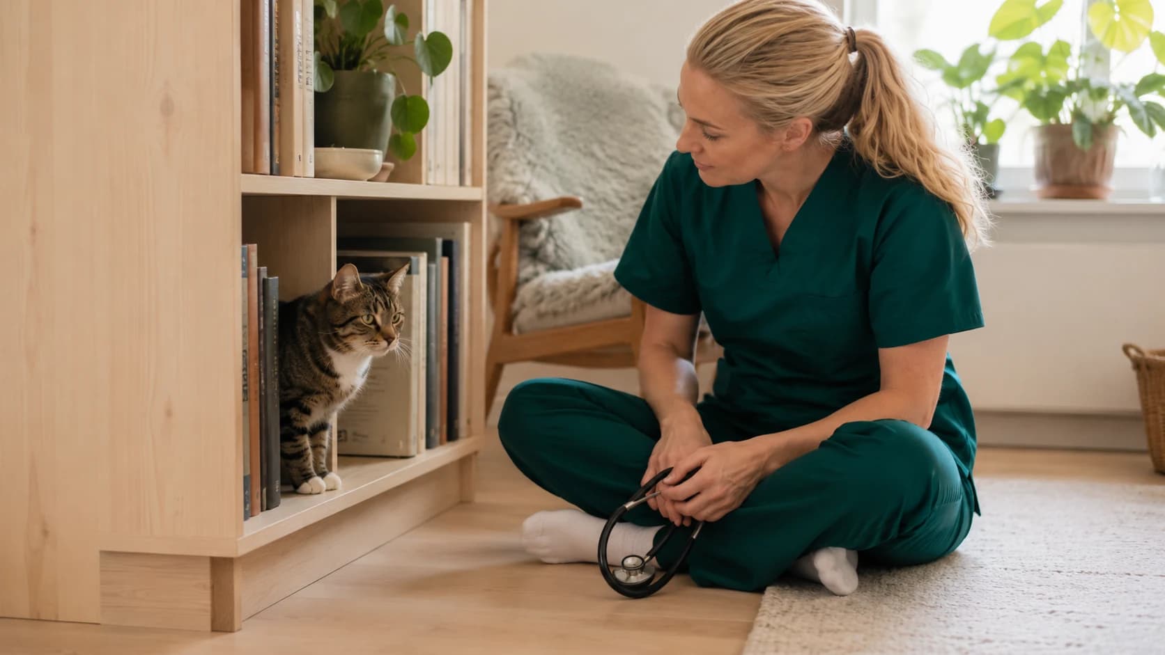 Brun tabby-katt tittar fram från bokhyllan medan veterinär väntar tålmodigt på golvet