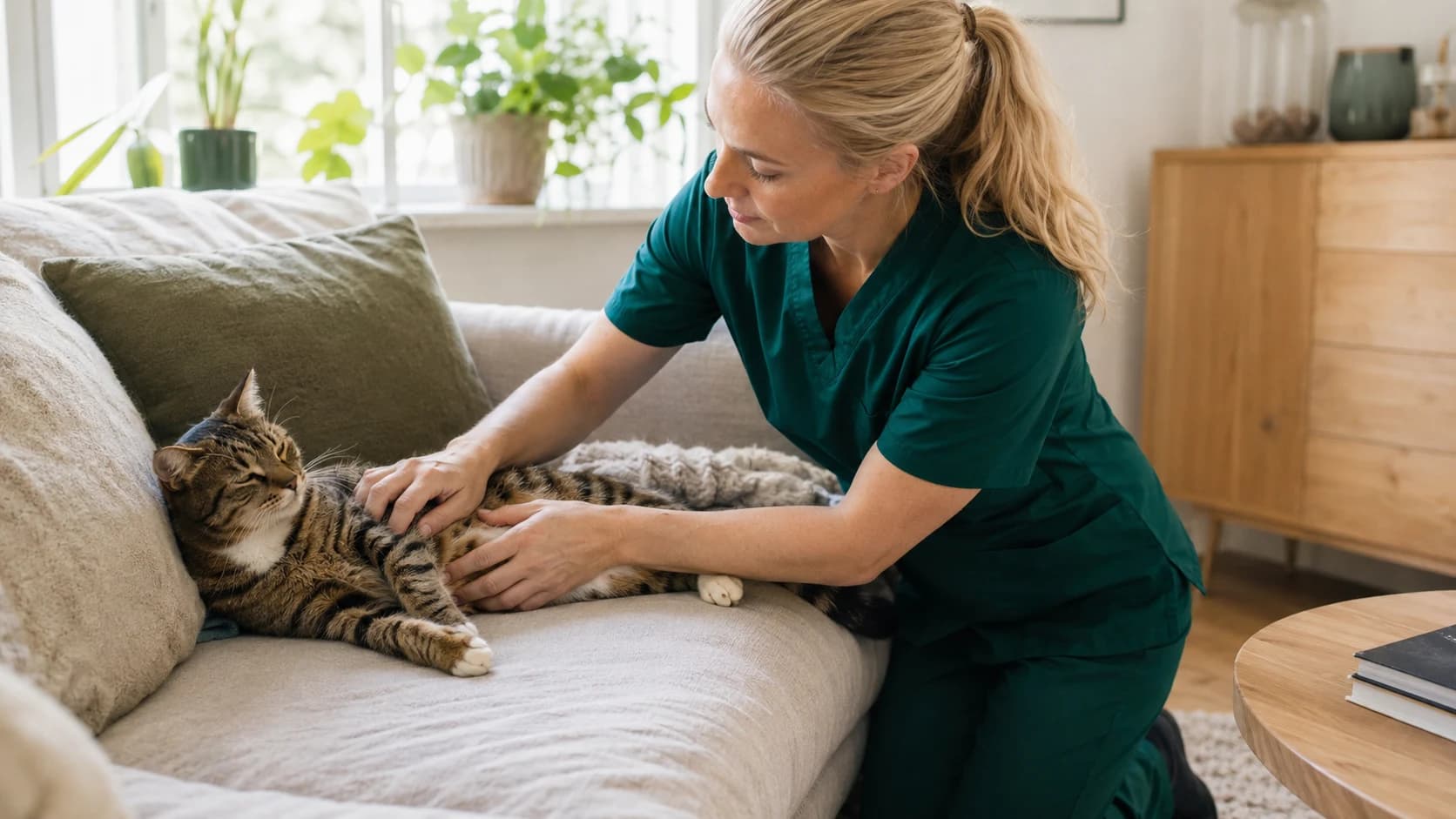 Veterinär undersöker katt i soffan under hembesök hemma hos ägaren