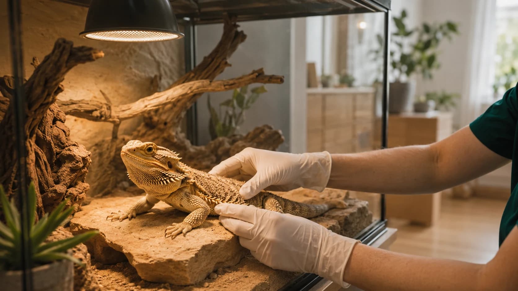 Veterinär med handskar undersöker skäggagam i sitt eget terrarium under hembesök