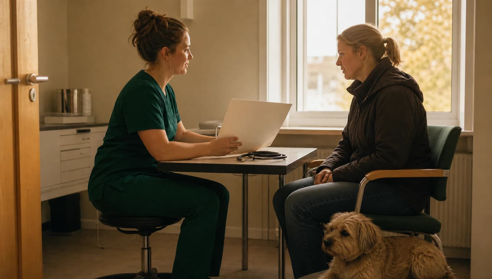 Veterinär i mörkgröna skrubbar går igenom prisnivåer för hjärtutredning med djurägare.