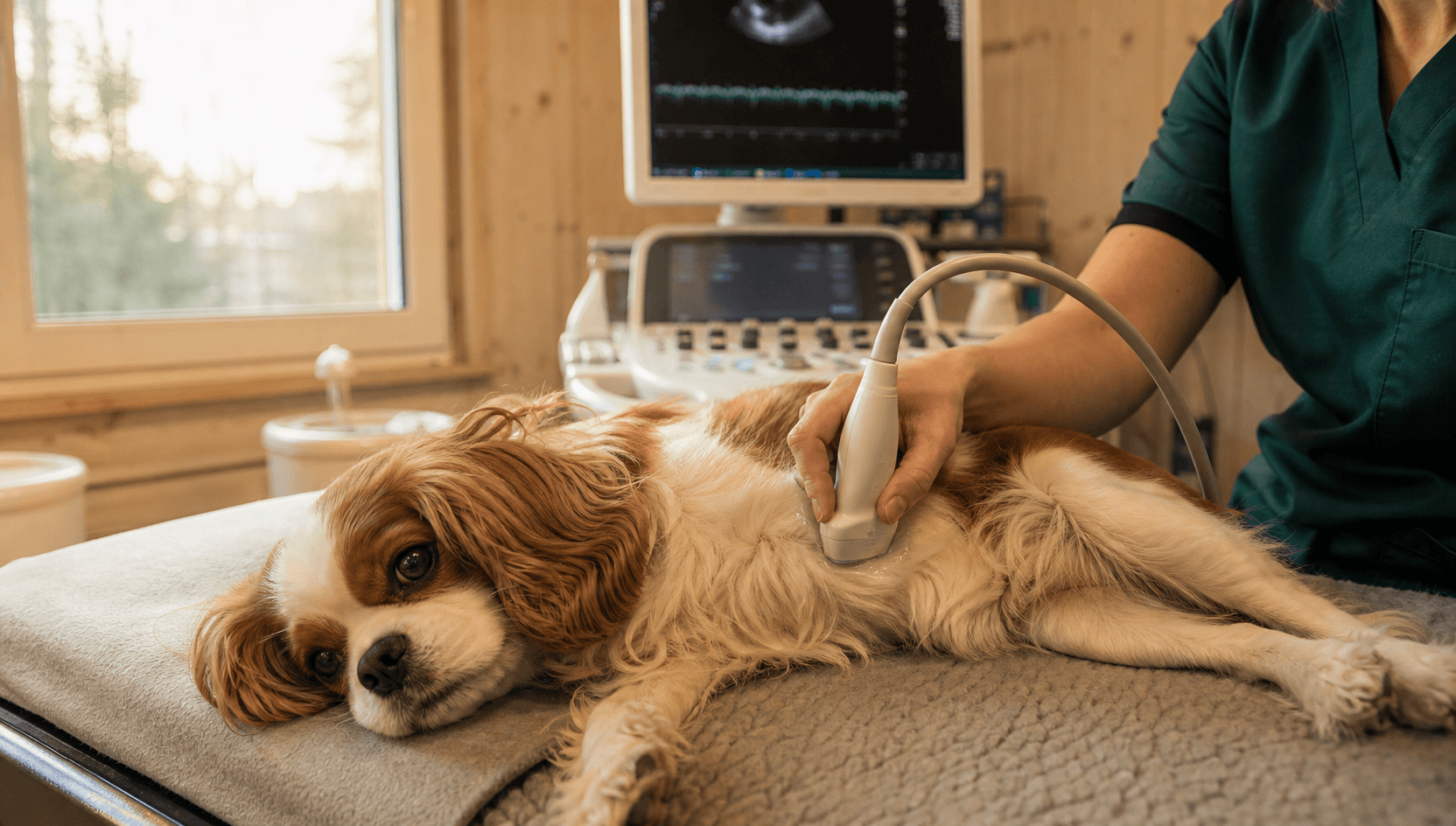 Hjärtultraljud hos hund under veterinärbesök.
