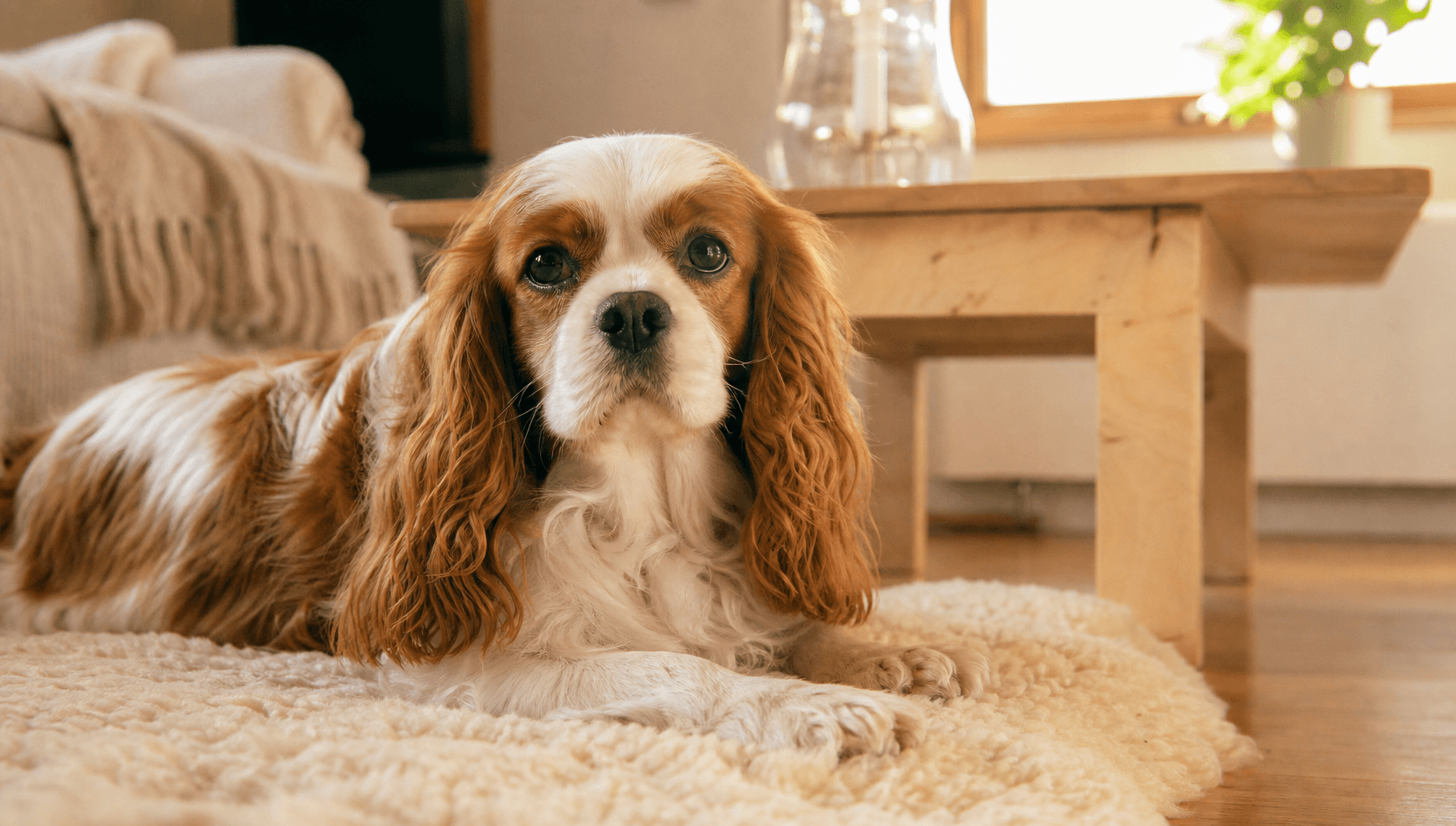 Hund vilar hemma efter hjärtutredning och uppföljning hos veterinär.