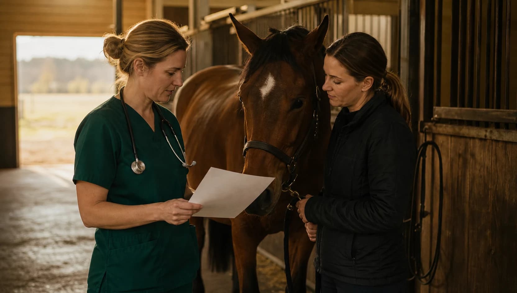 Veterinär i mörkgröna skrubbar diskuterar pris för hjärtutredning häst i stallgång.