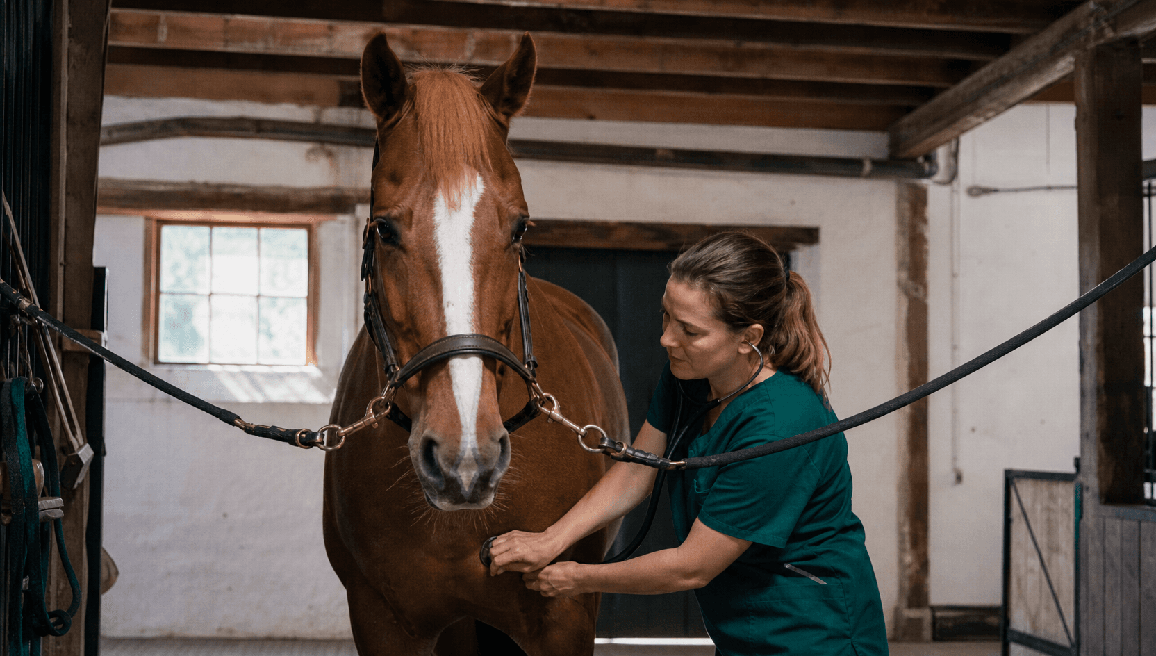 Hjärtutredning av svensk varmblodshäst i stallgång — veterinär lyssnar med stetoskop