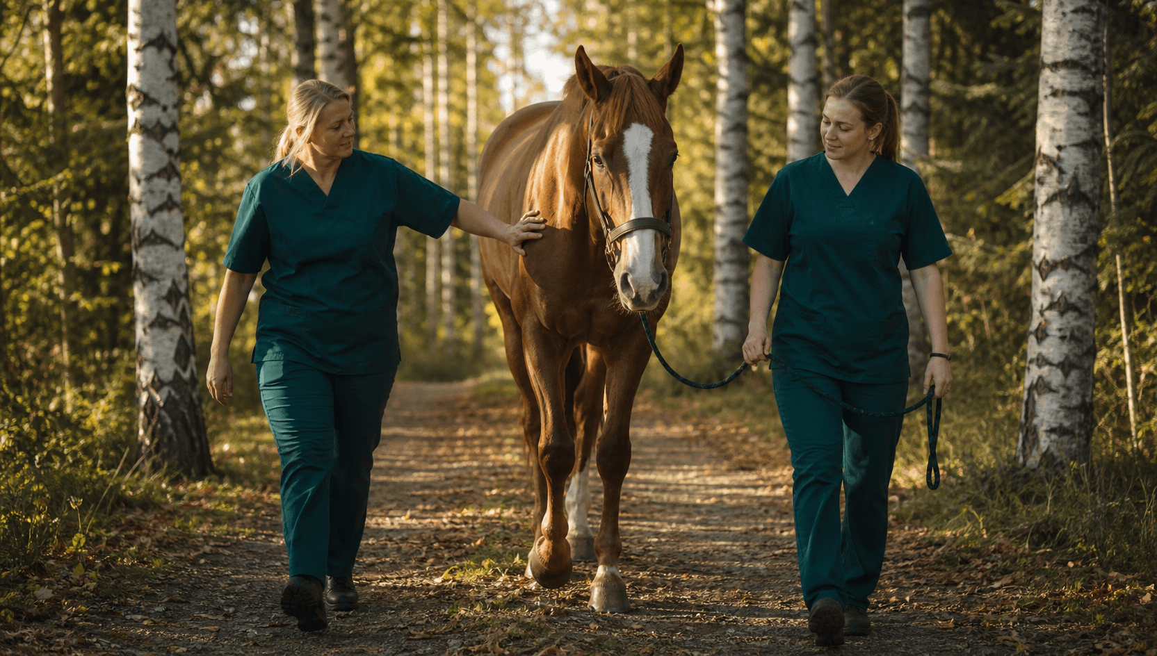 Frisk fux-varmblodshäst på lugn skogspromenad i björkdunge med veterinärer i tealgröna scrubs