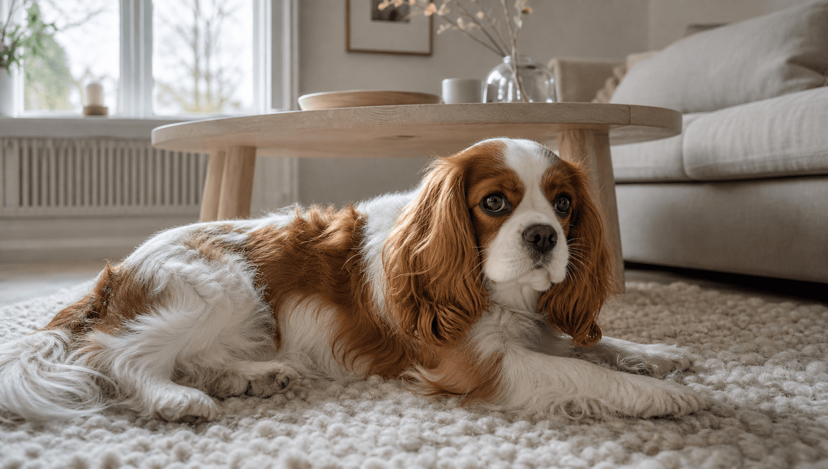 Frisk Cavalier King Charles Spaniel vilar på en ullmatta i ett svenskt vardagsrum med dagsljus från fönstret