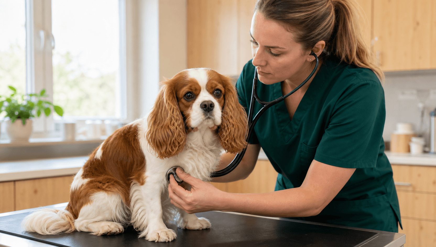Hjärtutredning av Cavalier King Charles Spaniel — veterinär lyssnar med stetoskop på blåsljud