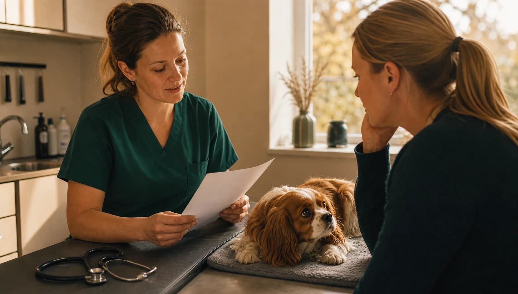 Veterinär i mörkgröna skrubbar förklarar pris för hjärtutredning hund.