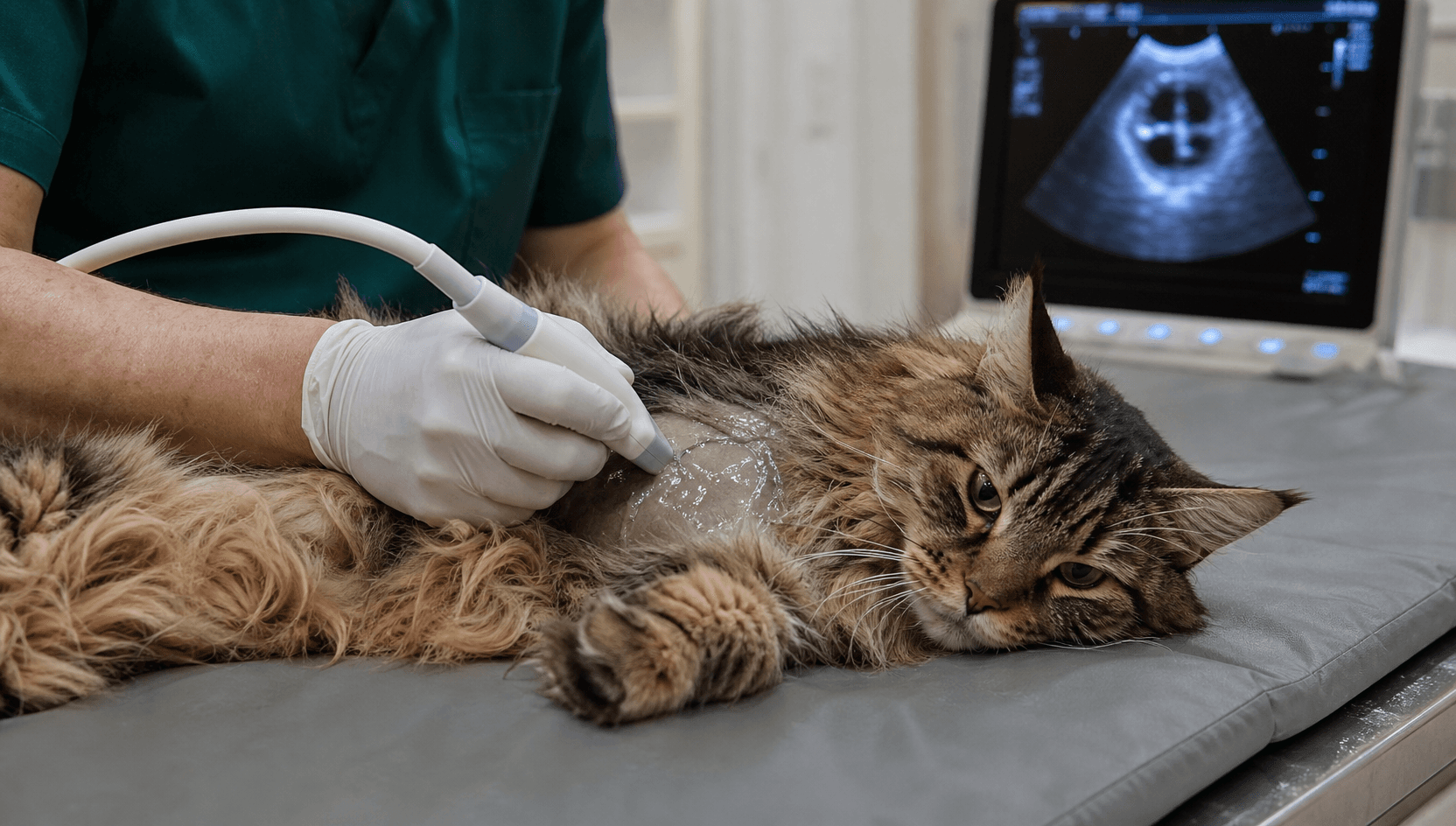 Hjärtultraljud på katt under veterinärbesök.