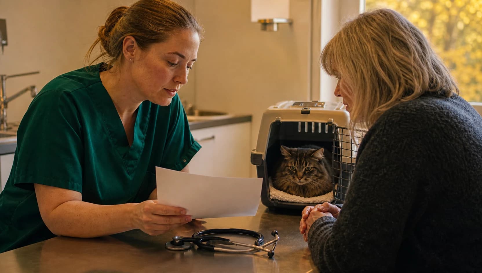 Veterinär i mörkgröna skrubbar förklarar pris för hjärtutredning katt.