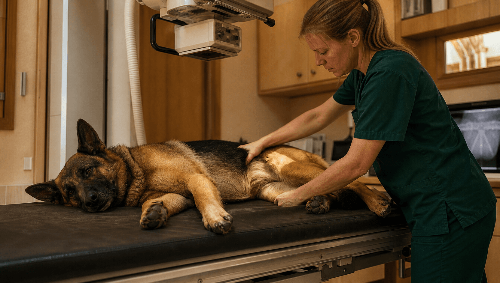 Höftledsröntgen (HD) på schäfer — veterinär positionerar hunden för standardbild av höfterna