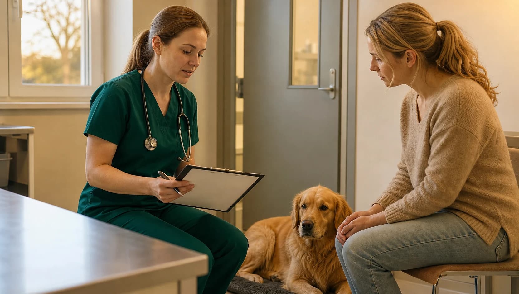 Veterinär i mörkgröna skrubbar förklarar pris och SKK-avläsning inför höftledsröntgen hund.