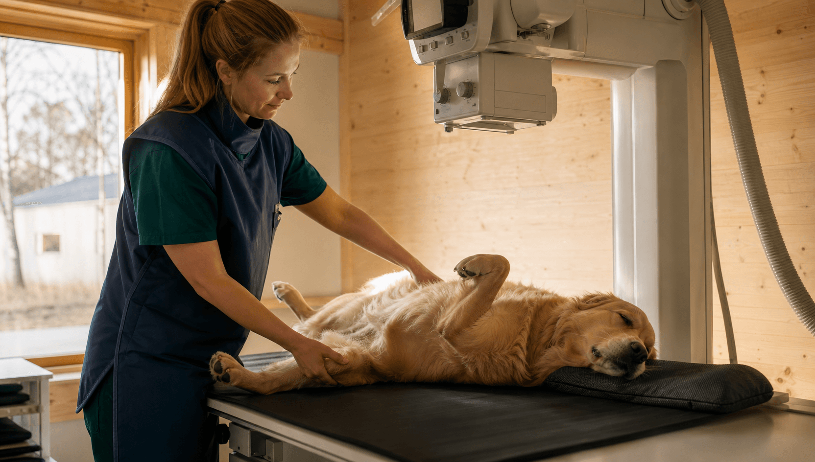 Veterinär i mörkgröna skrubbar och blyförkläde positionerar försiktigt en lugn sövd golden retriever på rygg på röntgenbordet inför en höftröntgen.