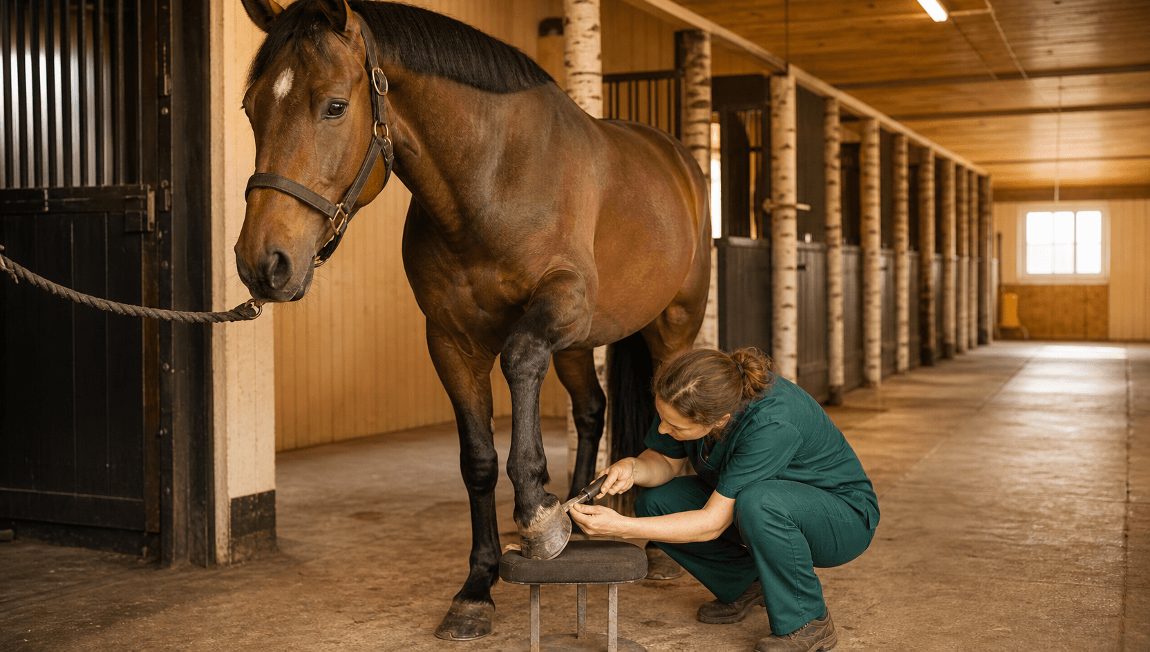 Hovvård — veterinär inspekterar bay-hästens hov på hovstativ med hovpick i ren stallgång