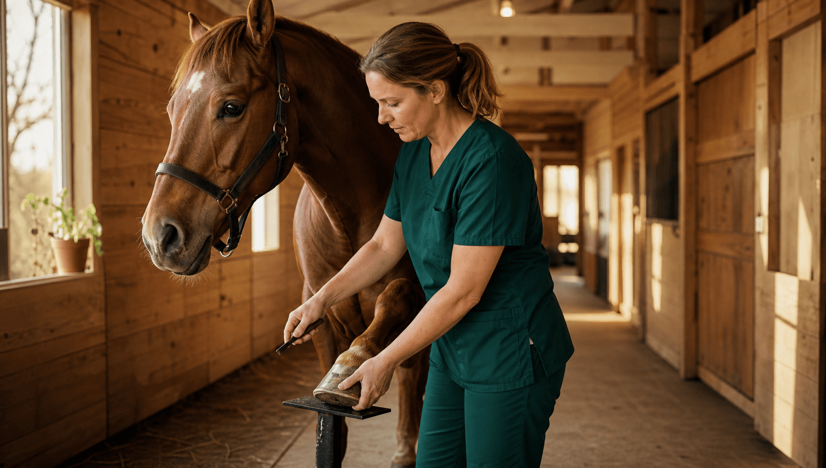 Veterinär i mörkgröna skrubbar undersöker försiktigt en hov balanserad på en hovstall i en svensk stallgång — hovpiken i handen, fux svensk varmblodshäst lugn bredvid.