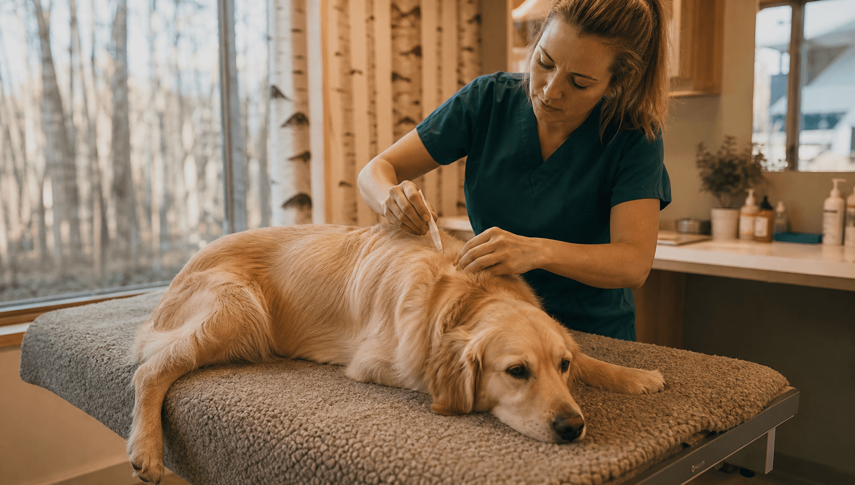Veterinär applicerar lokal hudbehandling på lugn hund.