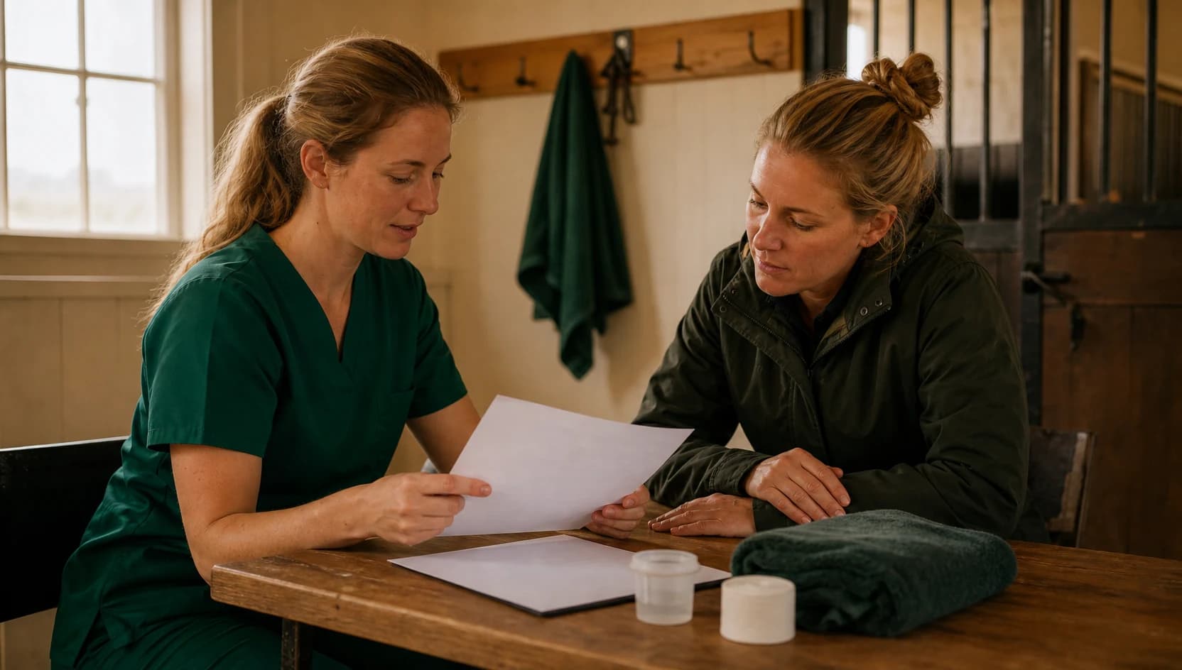 Hästveterinär i mörkgröna scrubs går igenom hudbehandling, stallbesök och pris.