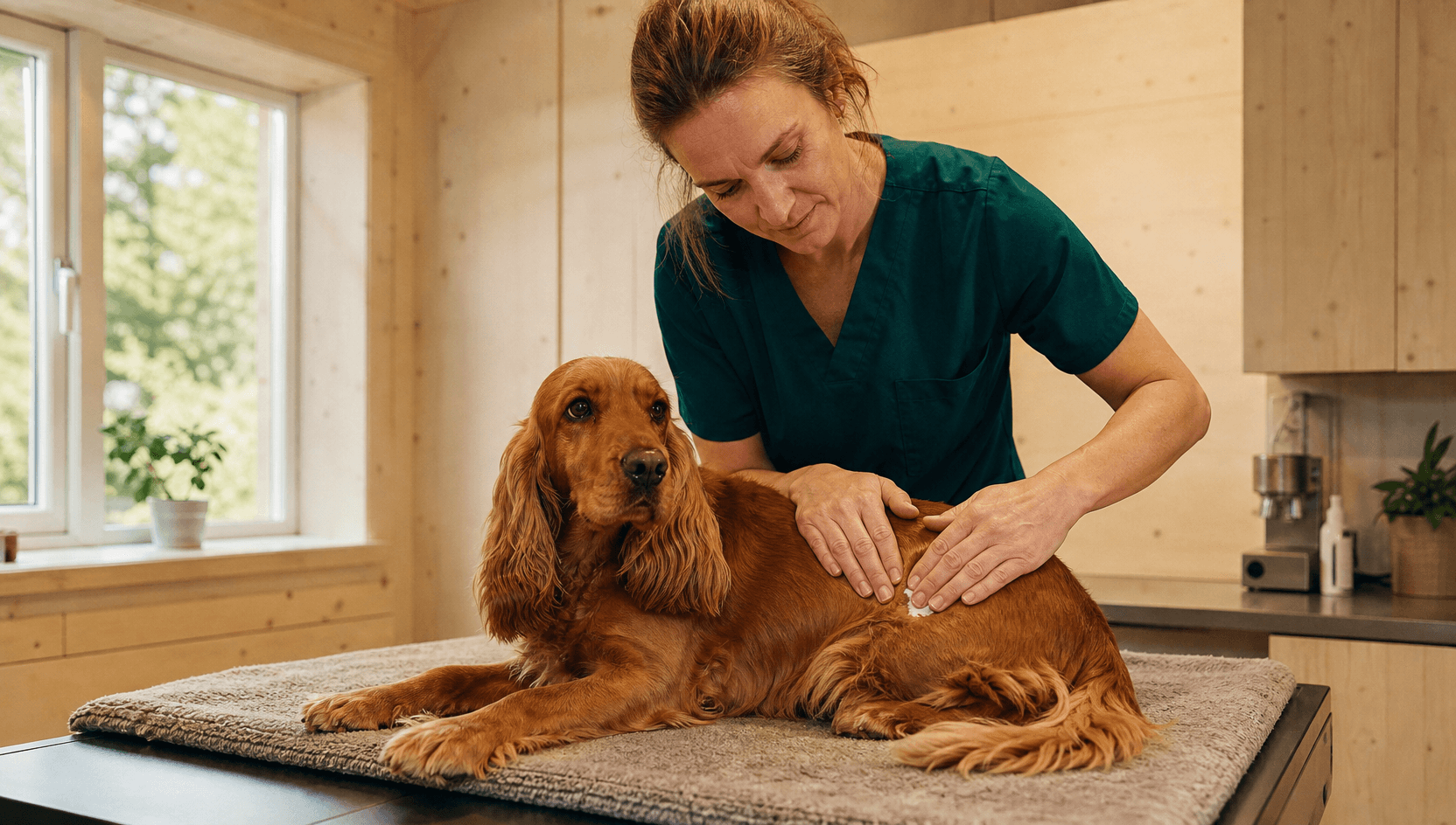 Veterinär applicerar hudbehandling på hundens flank.