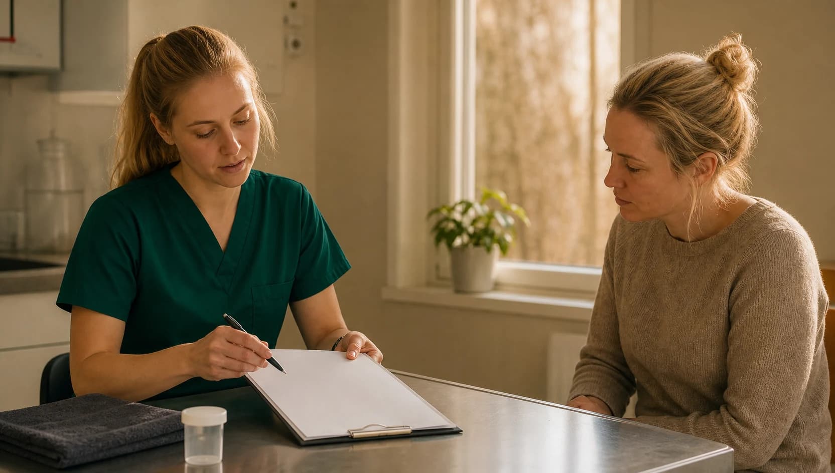 Veterinär i mörkgröna scrubs förklarar pris för hudbehandling katt.