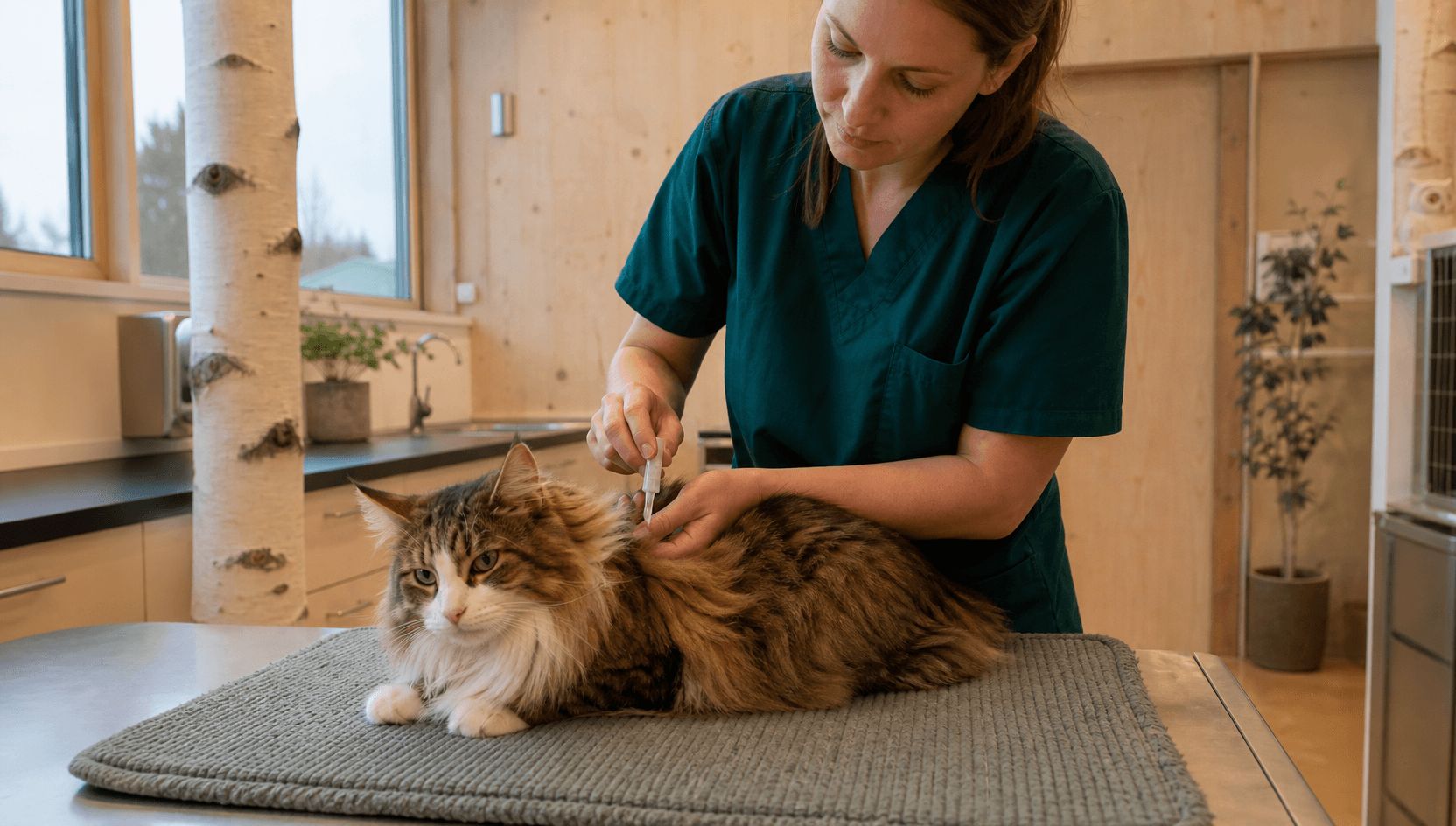 Veterinär applicerar lokal hudbehandling i nacken på katt.