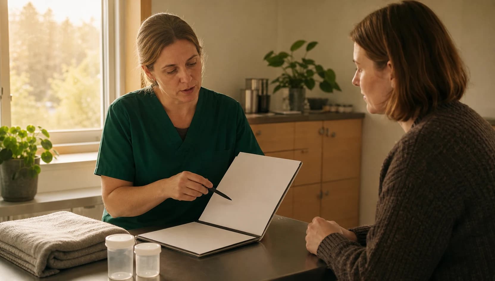 Veterinär i mörkgröna scrubs går igenom pris och prov vid hudutredning.