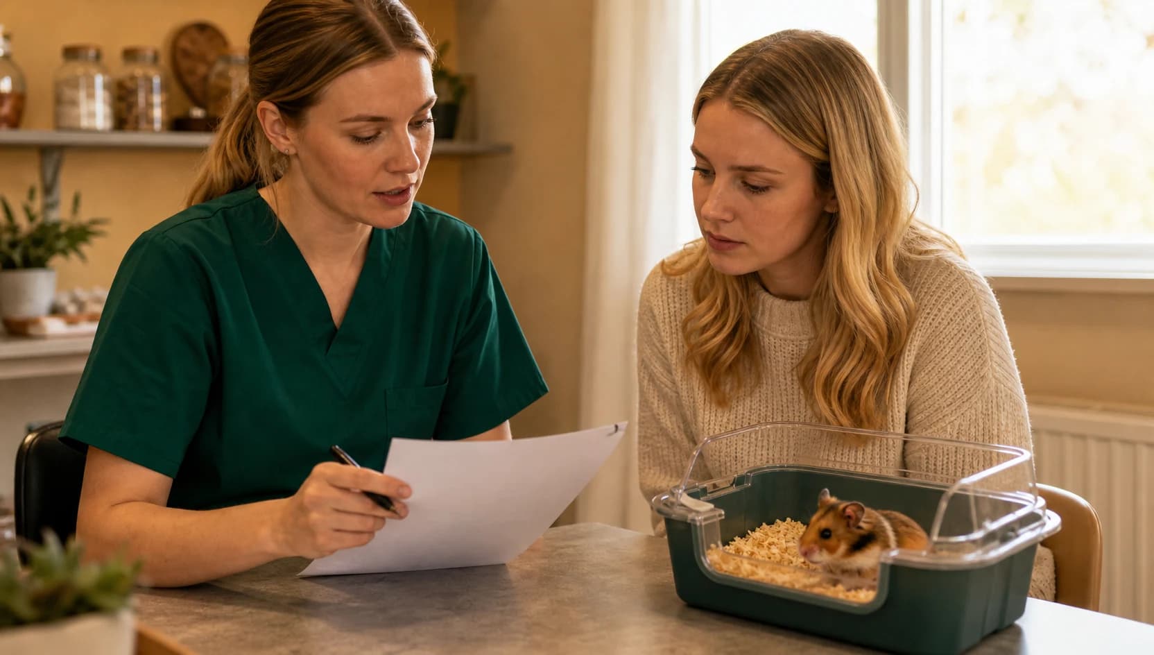 Veterinär i mörkgröna scrubs går igenom hudutredning och pris för hamster.