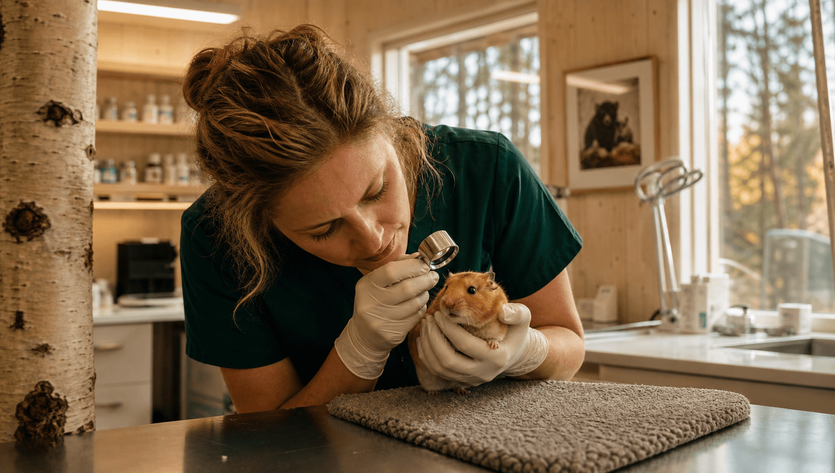 Veterinär undersöker hamsterpäls varsamt med förstoring.