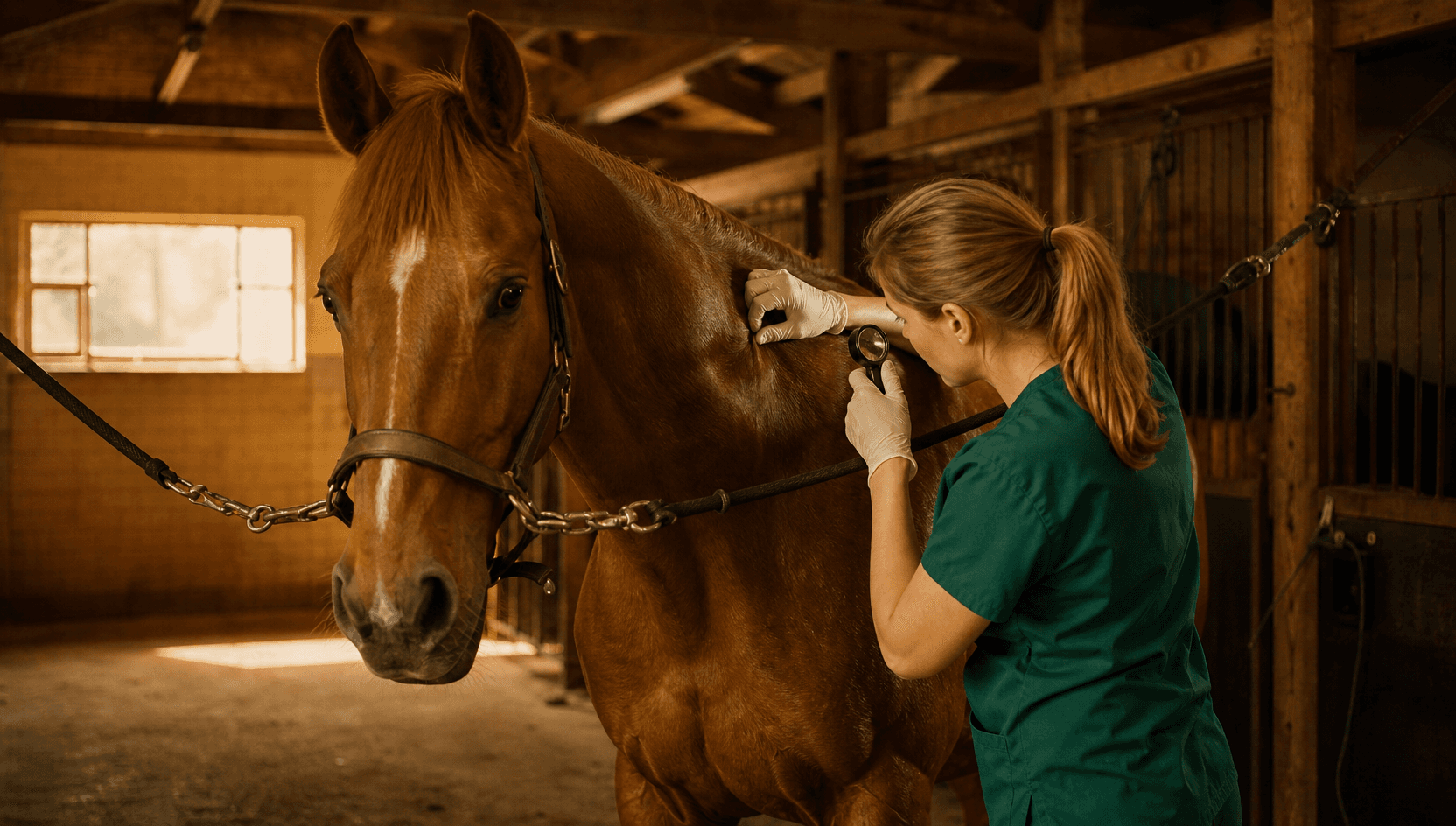 Veterinär undersöker hästens hud vid manen under hudutredning.