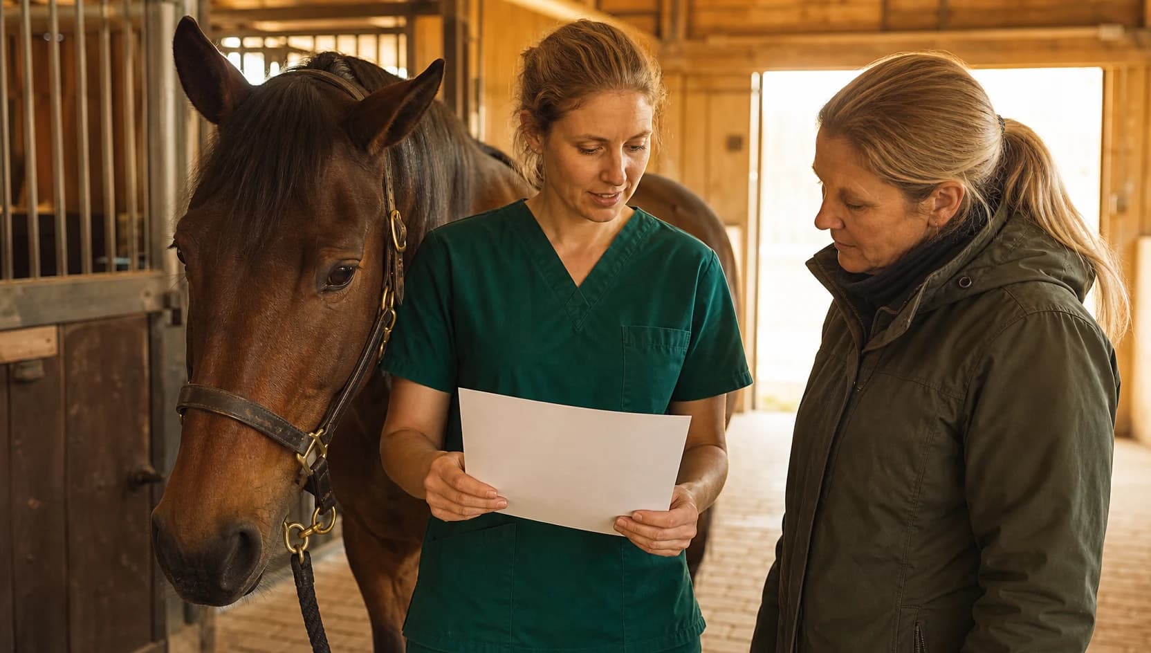 Hästveterinär i mörkgröna scrubs går igenom pris och prover vid hudutredning.