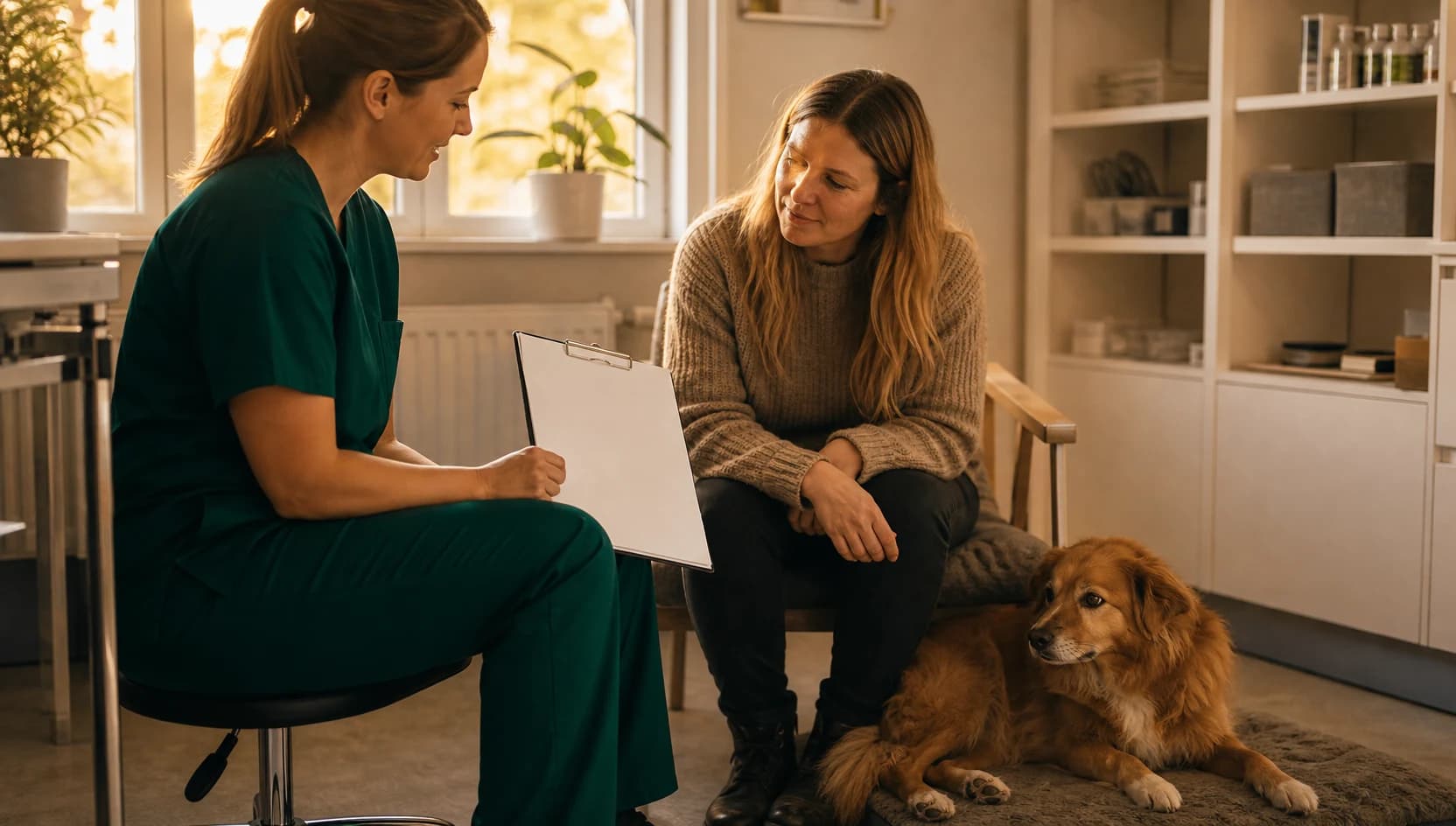 Veterinär i mörkgröna scrubs går igenom pris och prover vid hudutredning av hund.
