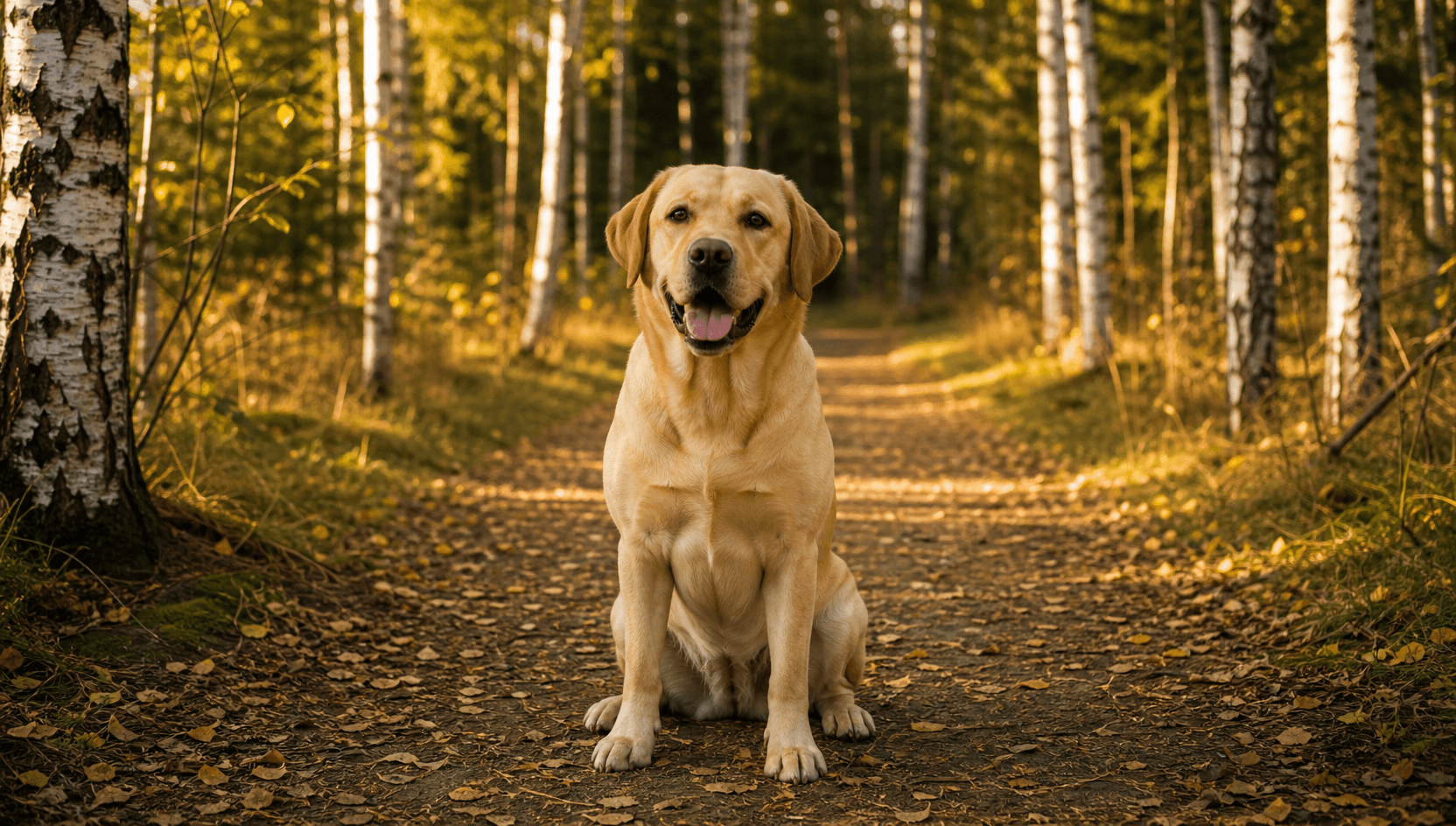Frisk yellow labrador sitter pigg på björkstig i svensk skog vid varmt eftermiddagsljus efter hudutredning