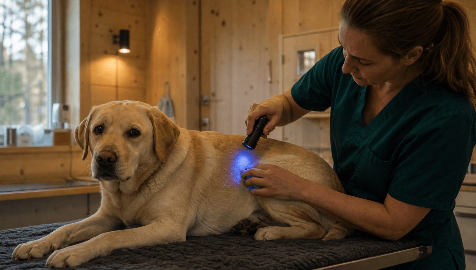 Hudutredning för hund — veterinär lyser med Wood's lampa över yellow labradors flank för ringormstest