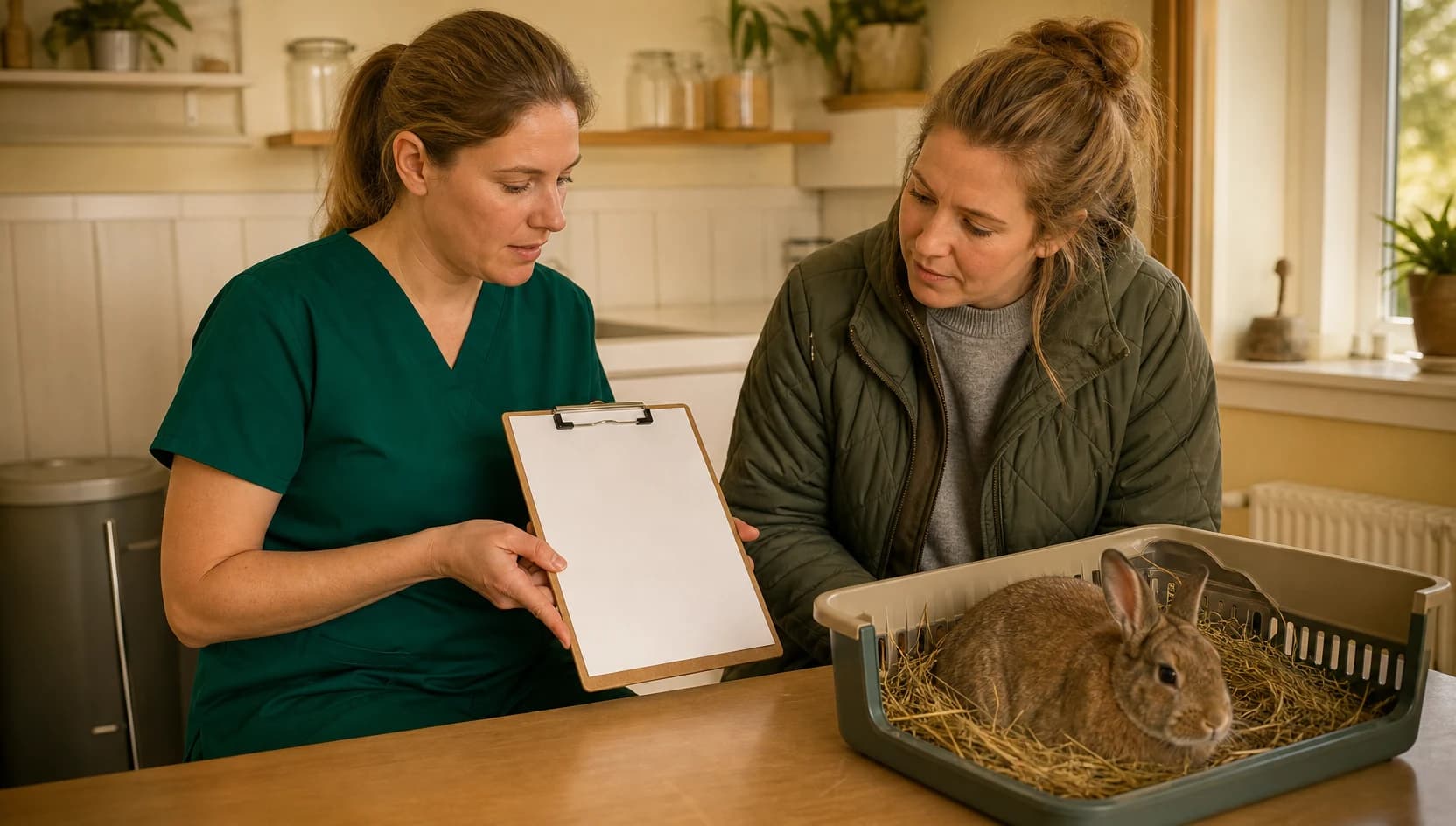 Veterinär i mörkgröna scrubs går igenom hudutredning och pris för kanin.
