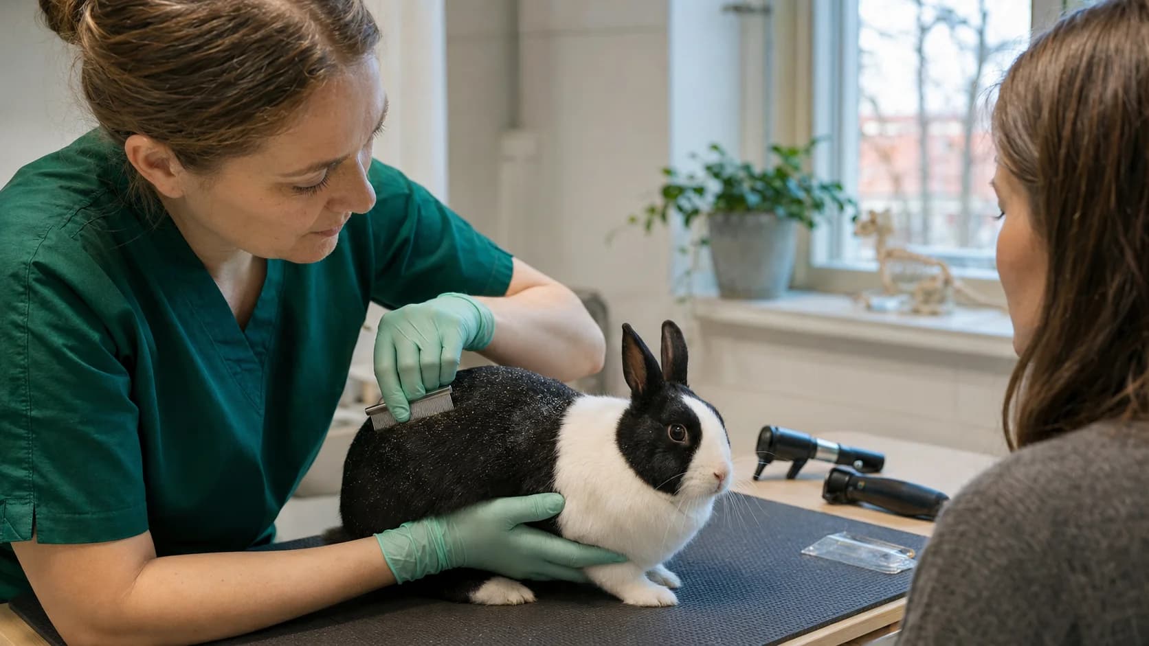 Veterinär kammar kaninpäls varsamt vid hudutredning.