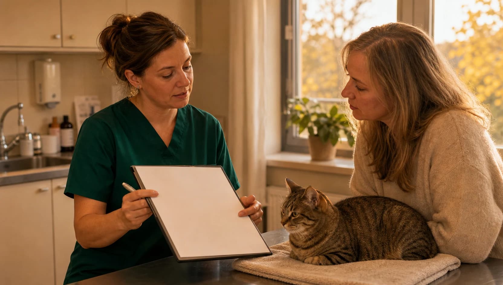 Veterinär i mörkgröna scrubs går igenom hudutredning och pris för katt.