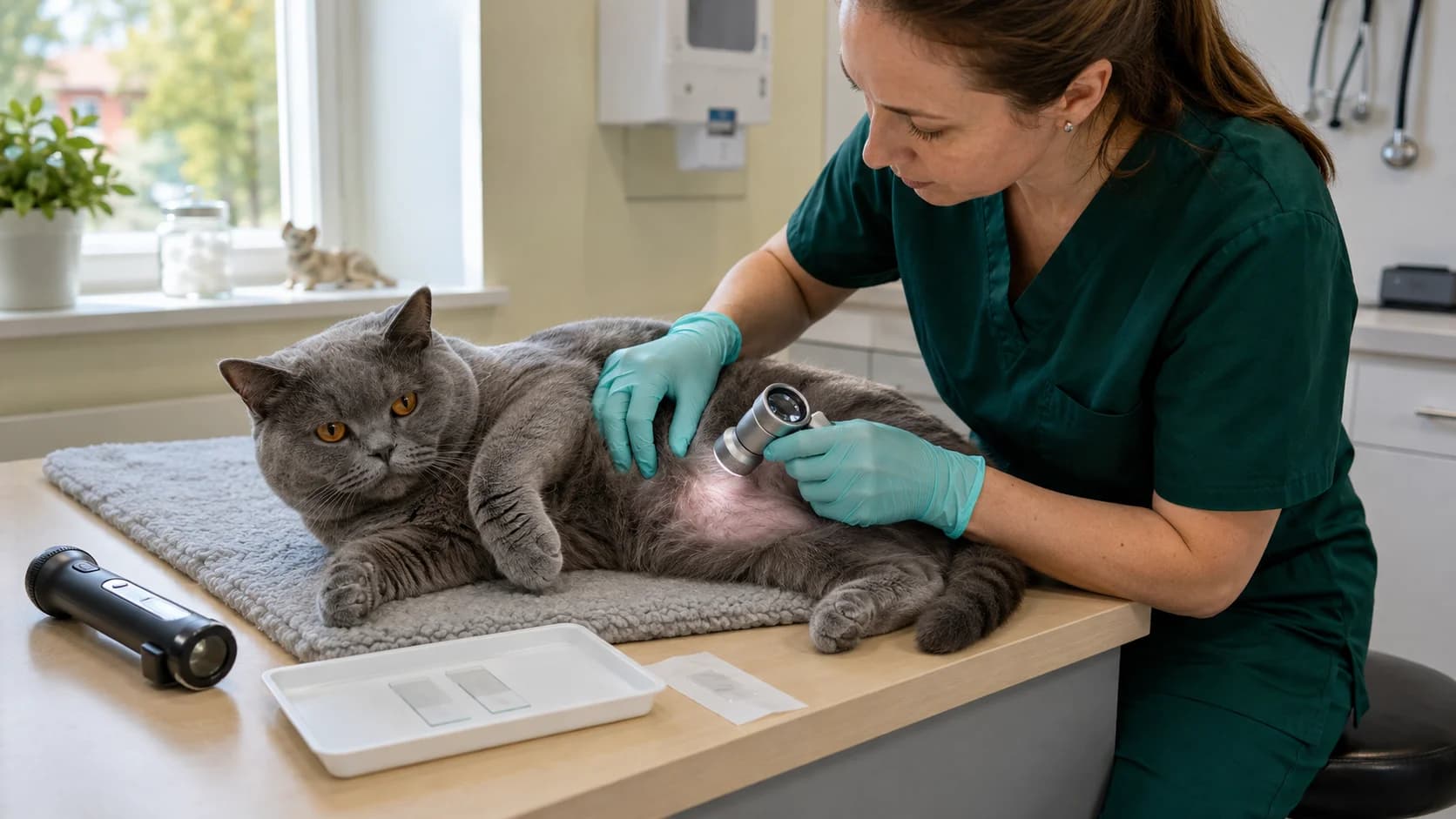 Veterinär undersöker kattens hud och päls vid hudutredning.