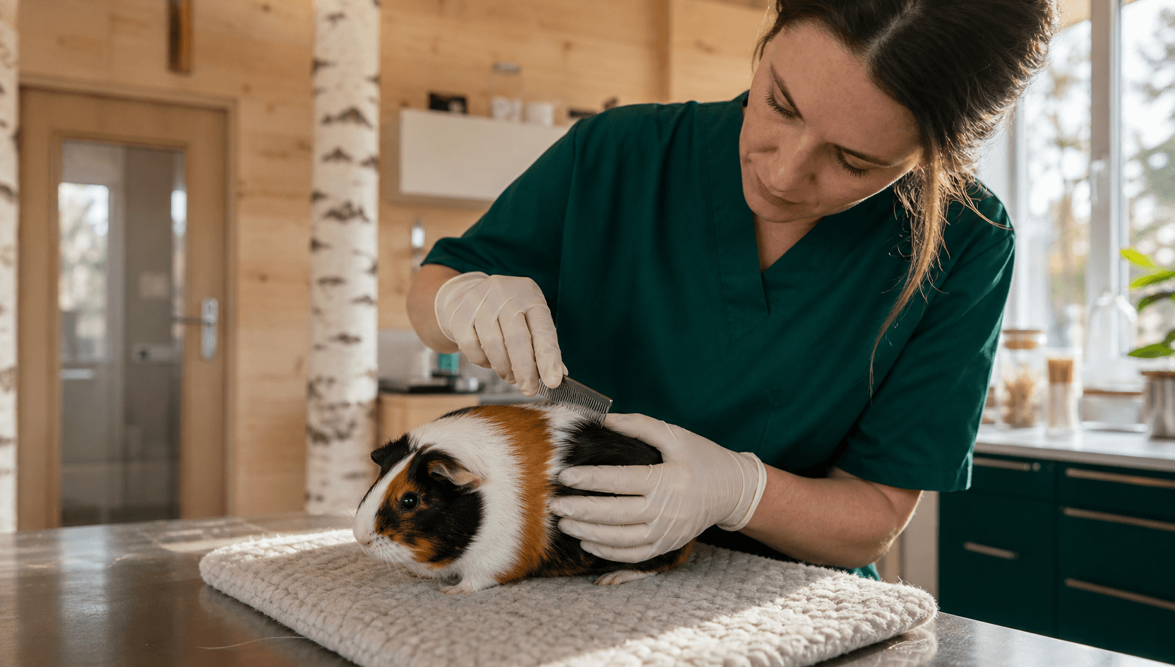 Veterinär kammar marsvinets päls vid hudutredning.