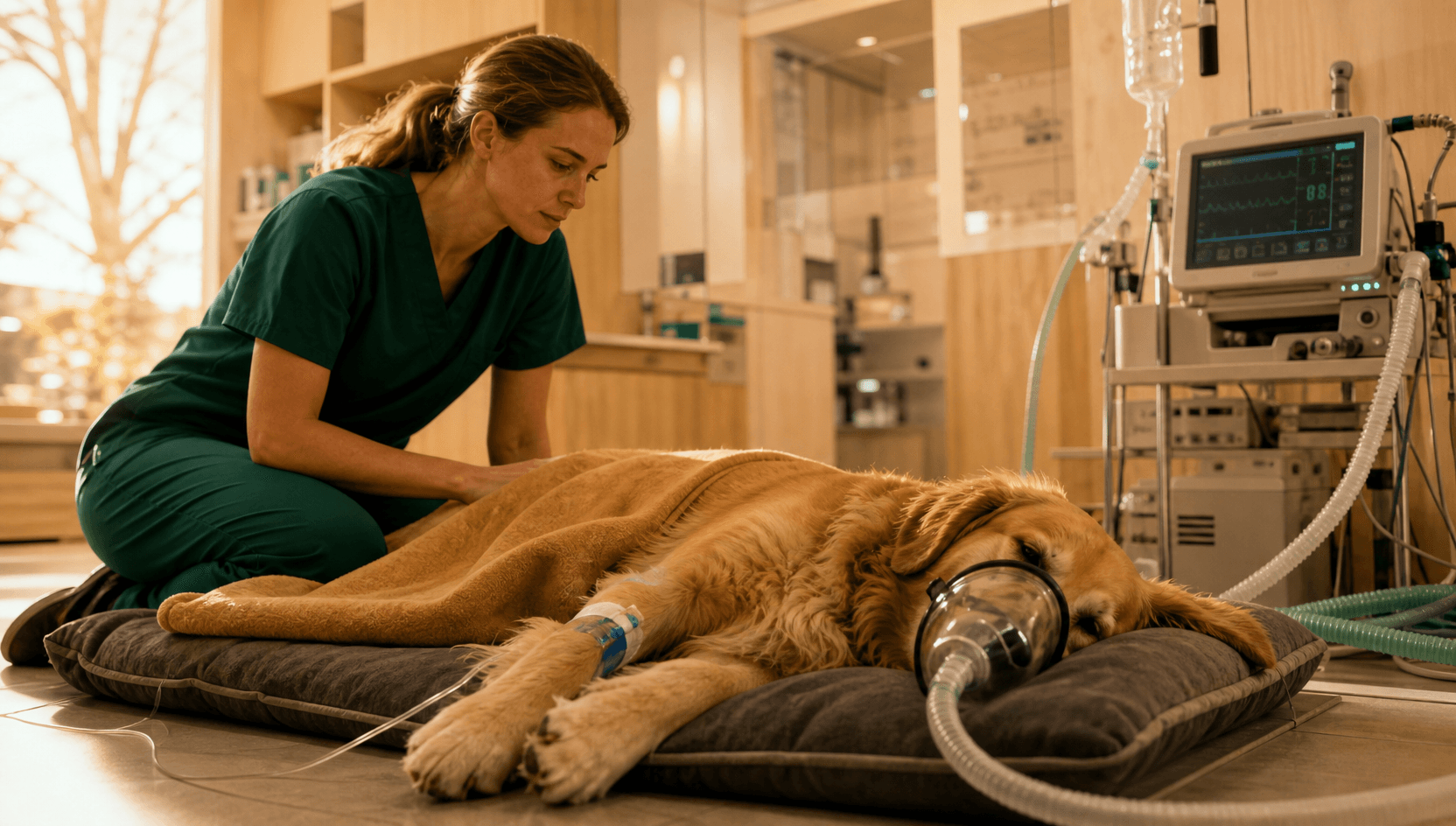 Intensivvård — golden retriever på återhämtningsmatta med syrgas, IV och monitor