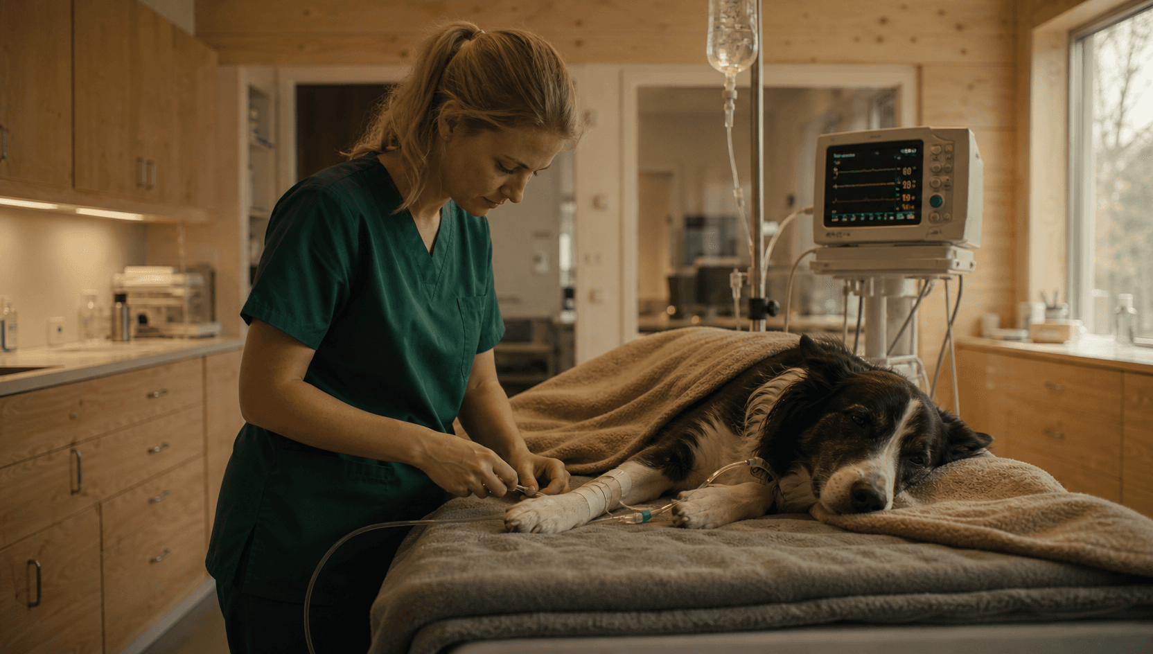 Veterinär i mörkgröna skrubbar kontrollerar lugnt en infusion på en patient som vilar under en mjuk filt i en svensk smådjurs-IVA, en monitor lyser i bakgrunden.
