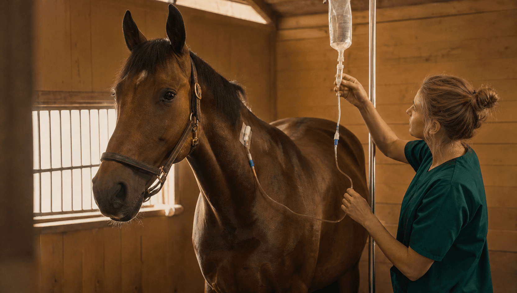 Intensivvård för häst — bay-hästen står med IV-dropp i återhämtningsbox medan veterinär justerar dosen