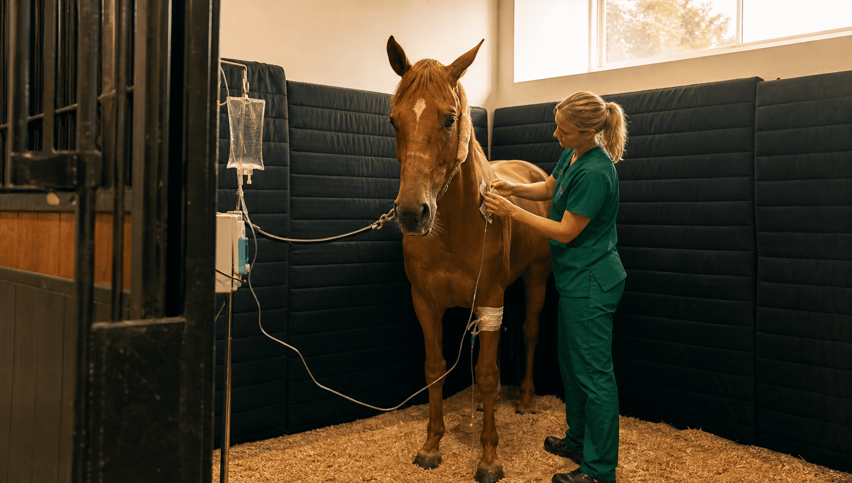 Veterinär i mörkgröna skrubbar står lugnt vid en fux svensk varmblodshäst i en kraftigt vadderad återhämtningsbox och justerar en infusion.