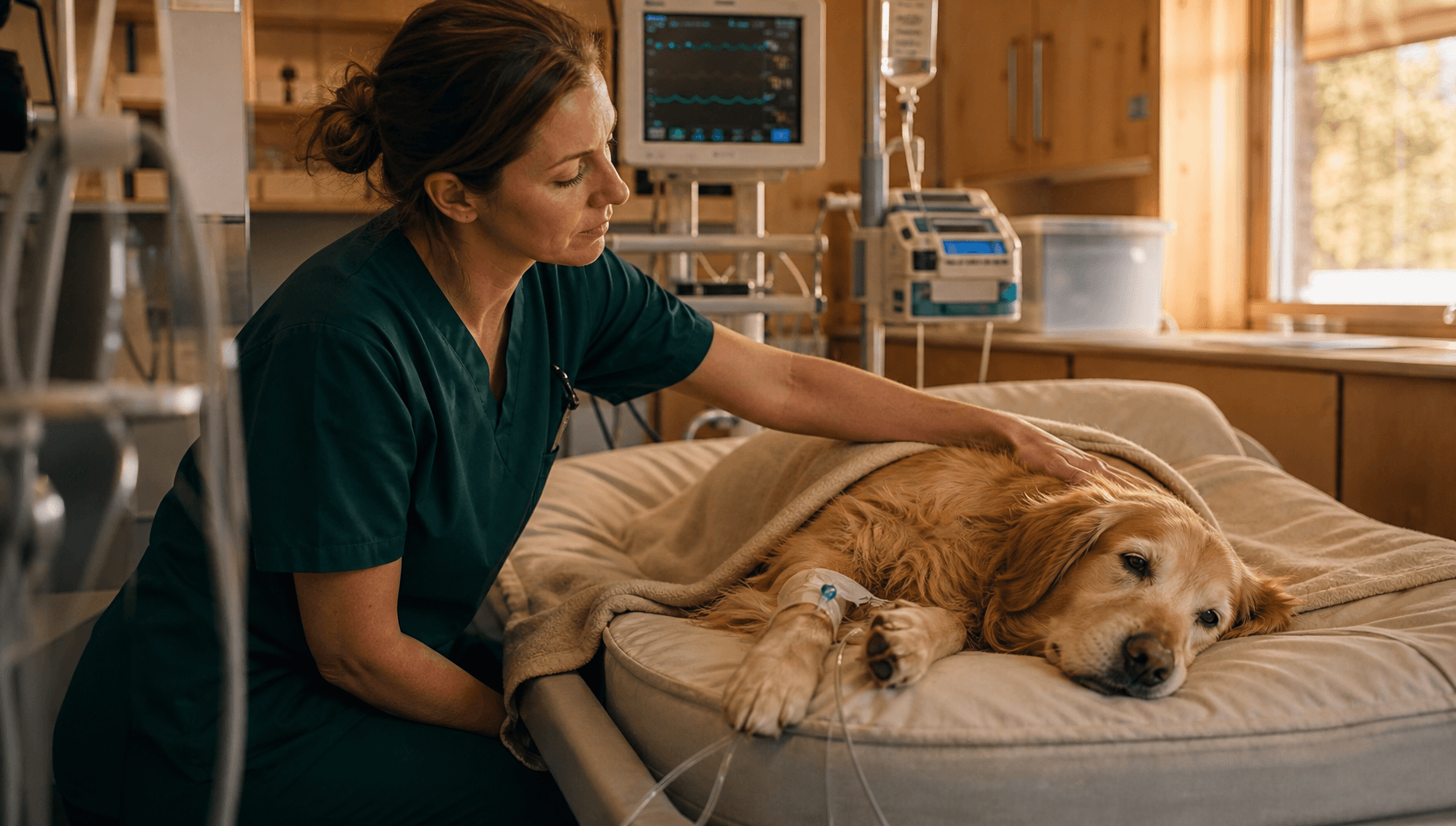 Veterinär i mörkgröna skrubbar lägger lugnt sin hand på en gul golden retriever som vilar i en vadderad IVA-säng under en mjuk filt; en infusion syns i framtassen och en monitor lyser i bakgrunden.