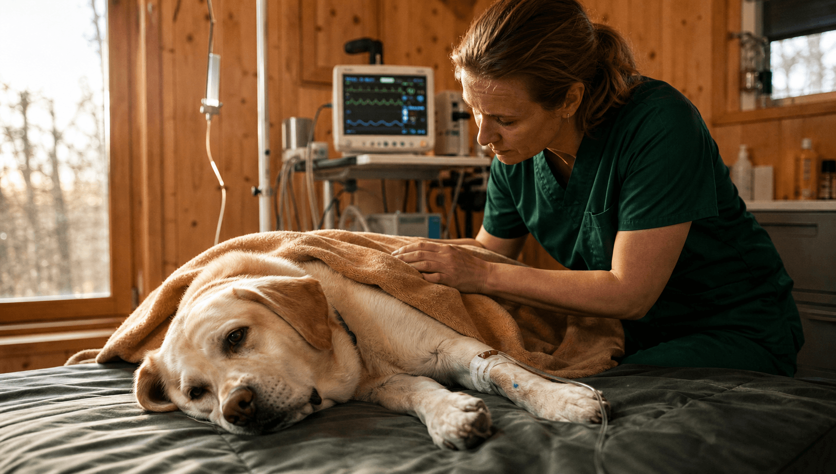 Intensivvård för hund — yellow labrador på värmemadrass med IV och monitor, veterinär attendrar
