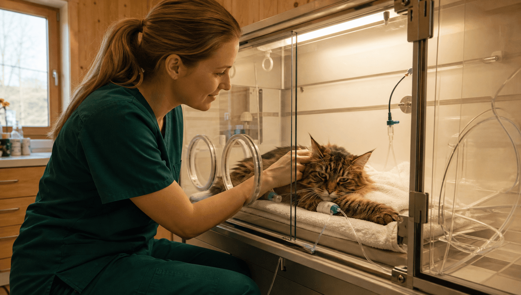 Veterinär i mörkgröna skrubbar kontrollerar lugnt en skogskatt som vilar i en vadderad inkubator med glasfront och syrgasmiljö.