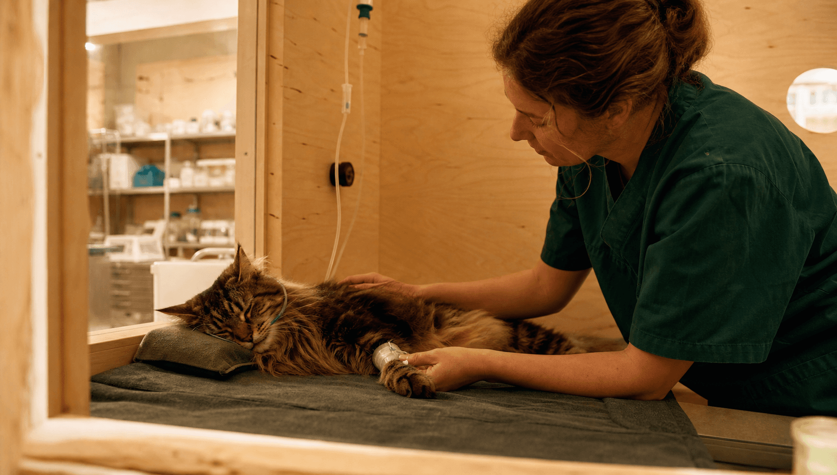 Intensivvård för katt — skogskatt i lugn IVA-bur med IV och syrgas, veterinär attendrar med empati