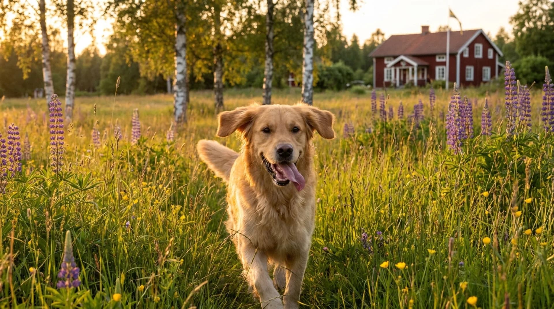 Kastration ändrar inte personligheten — golden retriever springer glatt genom lupinäng med björkar och röd stuga