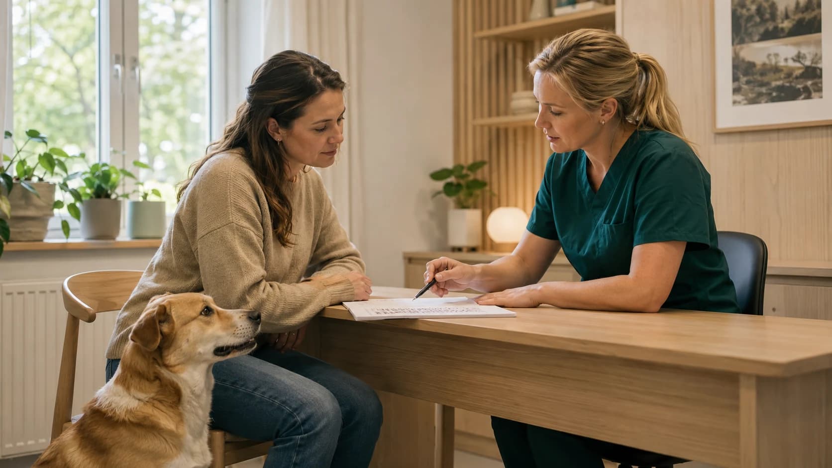 Svensk ägare diskuterar kastration med veterinär över ett ljust trämatsbord medan hund sitter lugnt bredvid