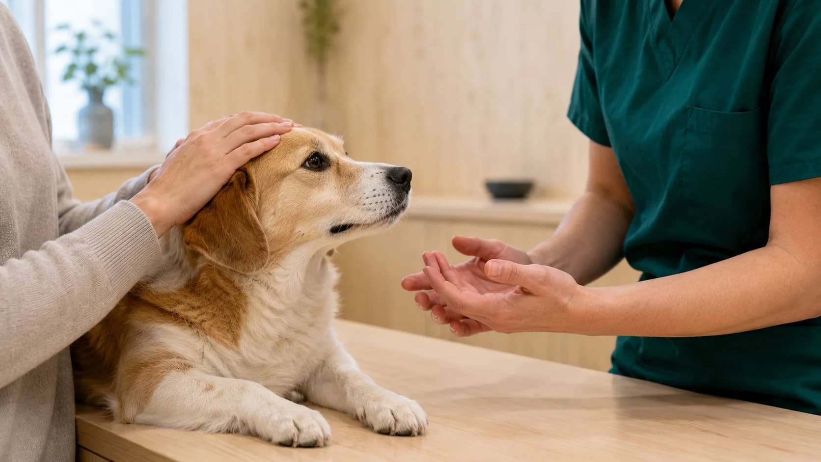 Ägares hand vilar lugnt på hund medan veterinär förklarar ingreppet med öppen handgest på undersökningsbord